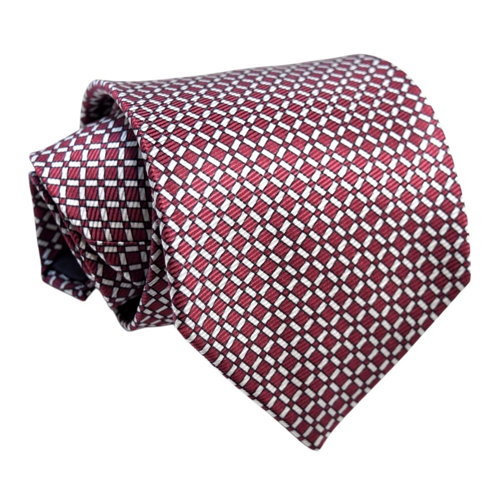 H. Freeman & Son Mens Burgundy White Geometric Silk Necktie Vintage Made in USA